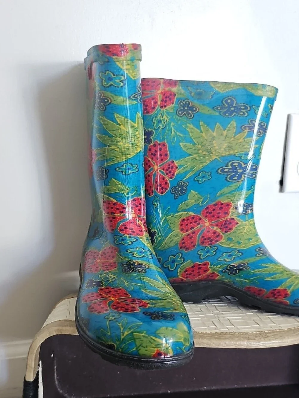 Sloggers Blue Floral Women's Rain Boots with Red Flowers